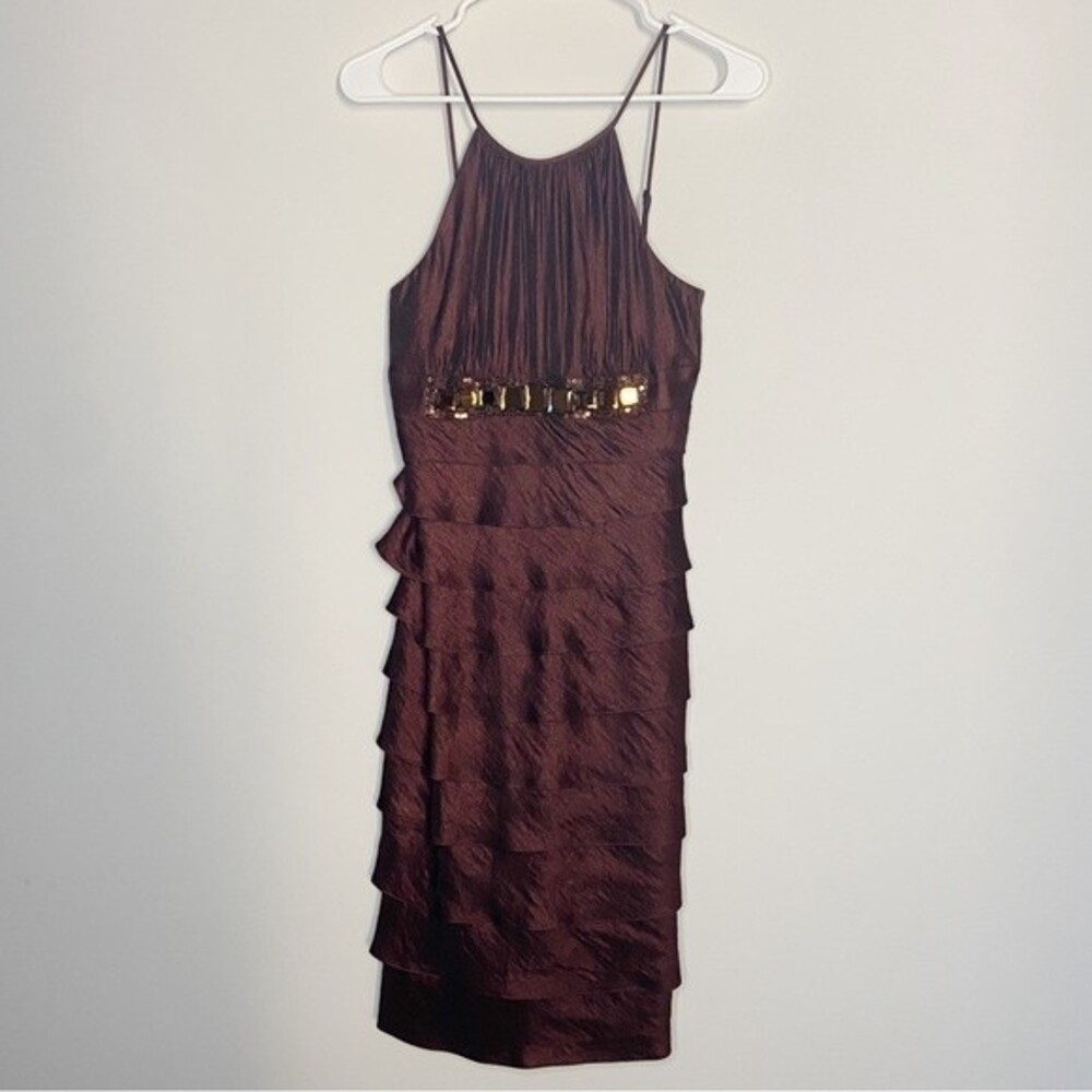 Caché Brown Ruffle Layered Tiered Jewel Beaded Cocktail Party Dress Satin Size 4